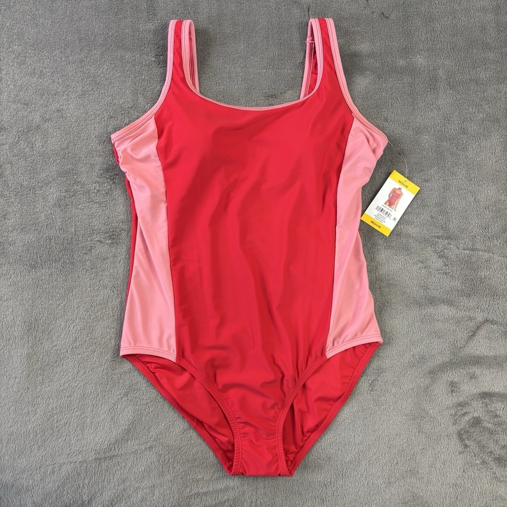 NWT Lands End Swimsuit Medium One-piece‎ Red Pink Color Block Bathing Suit